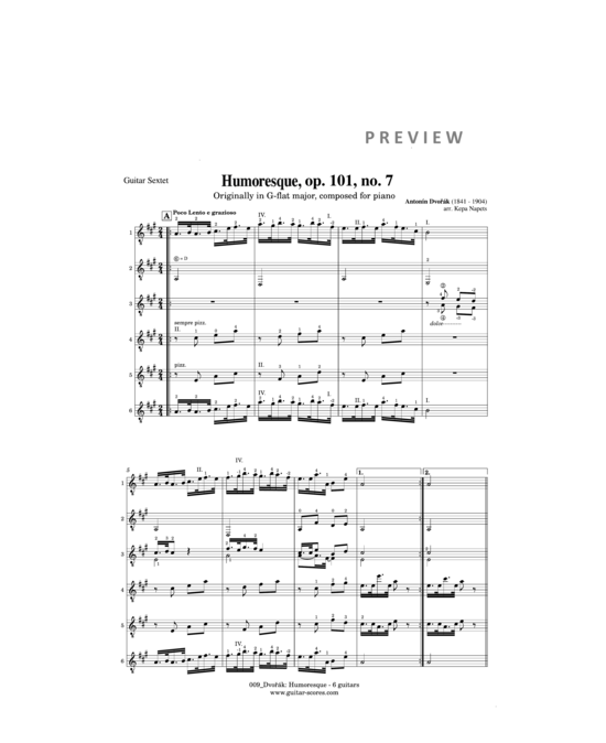 A. Dvořák: Humoresque, op. 101, no. 7 - arrangement for 4, 5 and 6 guitars